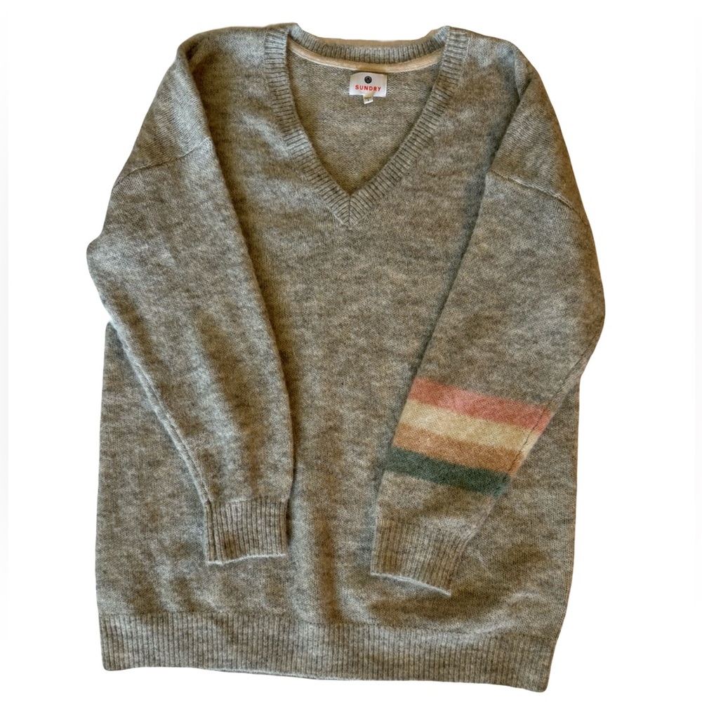 Sundry Light Gray V-Neck Sweater with Pastel Stripe Sleeve - Picture 2 of 9